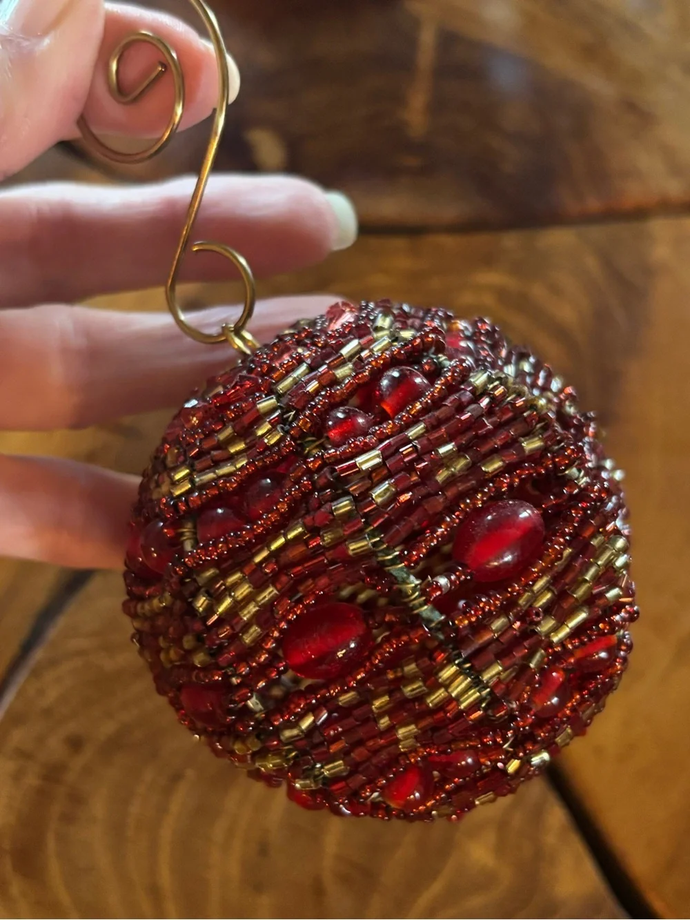 Handmade Beaded Christmas Ornament Red & Gold Glass Beads with Vintage Hook